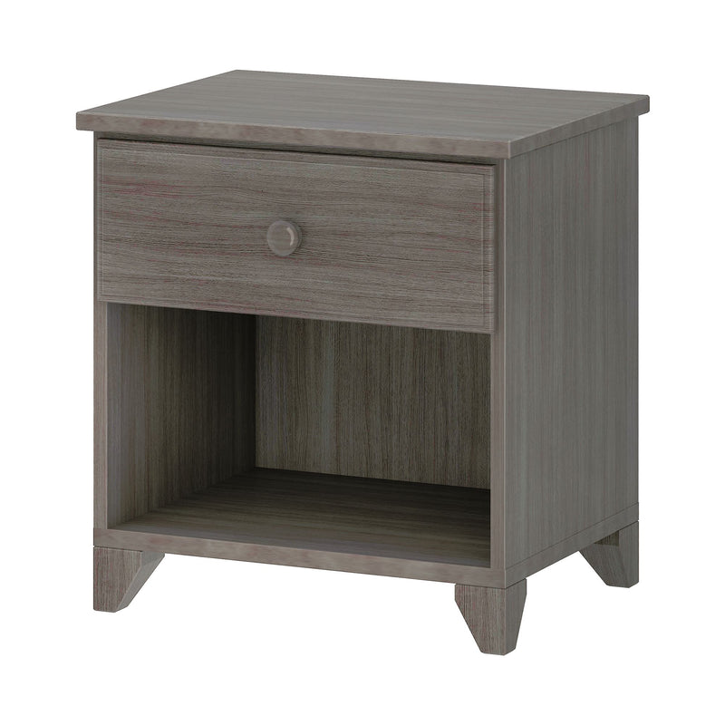 Modern gray wood nightstand bedside table with single drawer and open shelf, tapered legs and weathered finish