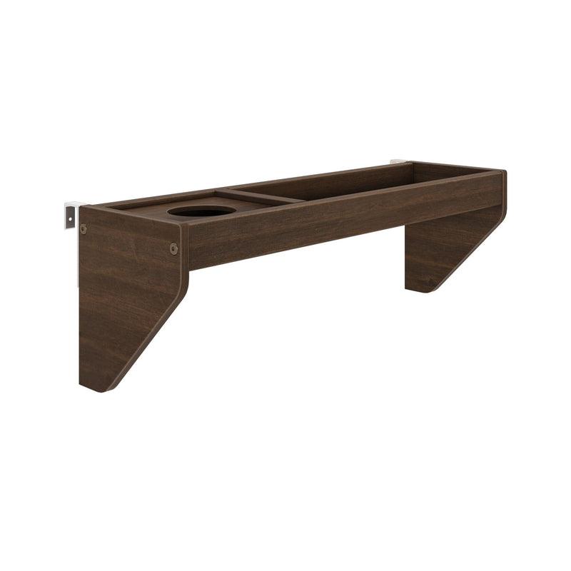 Dark walnut floating wooden bedside shelf with built-in cup holder and metal mounting brackets, modern wall-mounted bedroom organizer