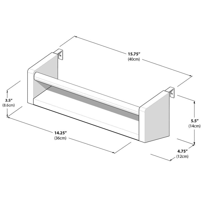Wall-mounted shelf with dimensions: 15.75" width (40cm), 3.5" height (8.6cm), 14.25" depth (36cm), 5.5" side height (14cm), 4.75" bracket depth (12cm), ideal for home organization and storage.