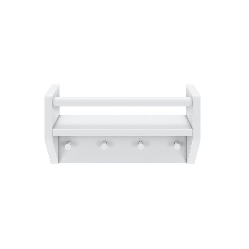 White wooden wall-mounted storage shelf with hooks for home organization.