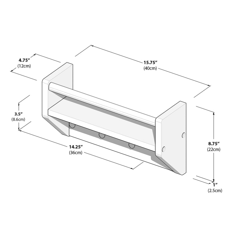 Dimensions diagram of a wall-mounted shelf with measurements in inches and centimeters, showcasing detailed length, width, and height specifications.