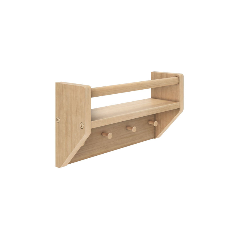 Wooden wall-mounted rack with shelf and hooks for storage and organization.