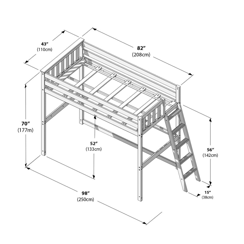 Wooden twin loft bed frame assembly diagram with ladder, guardrails and slats showing detailed dimensions in inches and cm (98″/250cm length, 82″/208cm top rail, 70″/177cm height, 52″/133cm clearance)
