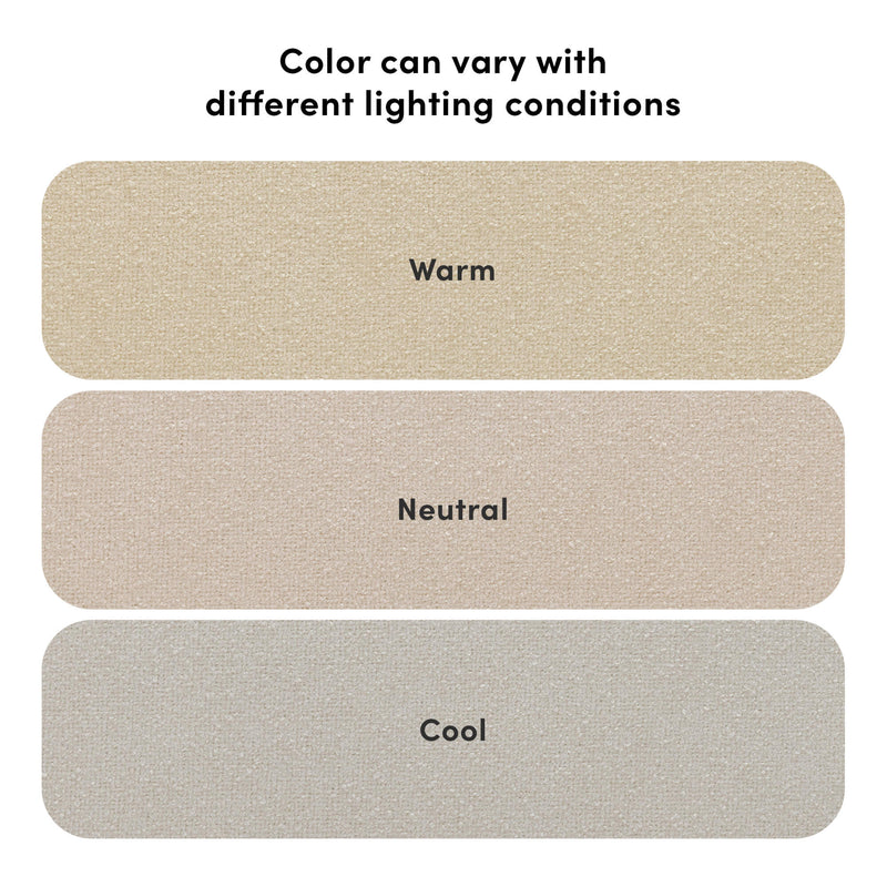 Beige carpet color swatches and textured samples labeled Warm, Neutral, and Cool with header "Color can vary with different lighting conditions" showing how carpet tones change under different lighting
