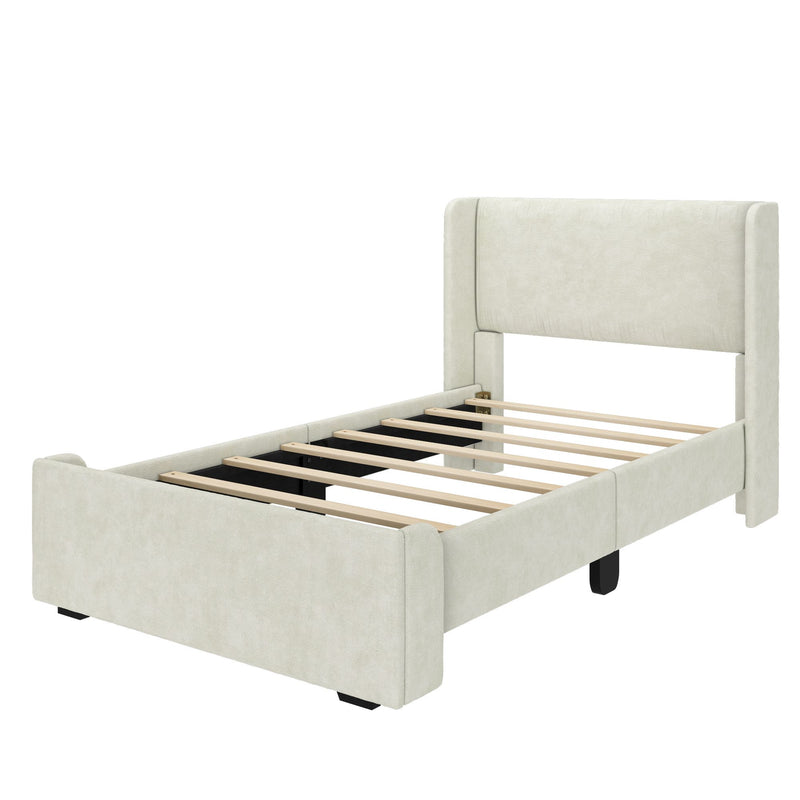 Ivory upholstered platform bed frame with padded headboard and wooden slats, modern minimalist bedroom furniture
