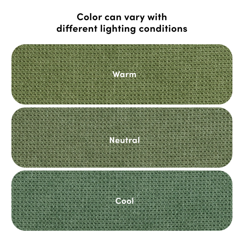 Textured green fabric swatches labeled "Warm," "Neutral," and "Cool" demonstrating how upholstery color can vary under different lighting conditions