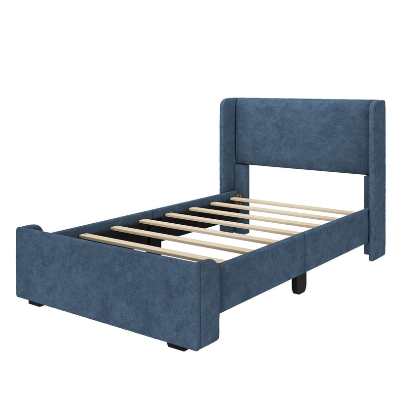 Modern blue upholstered bed frame with tall padded headboard, textured fabric and wooden slats
