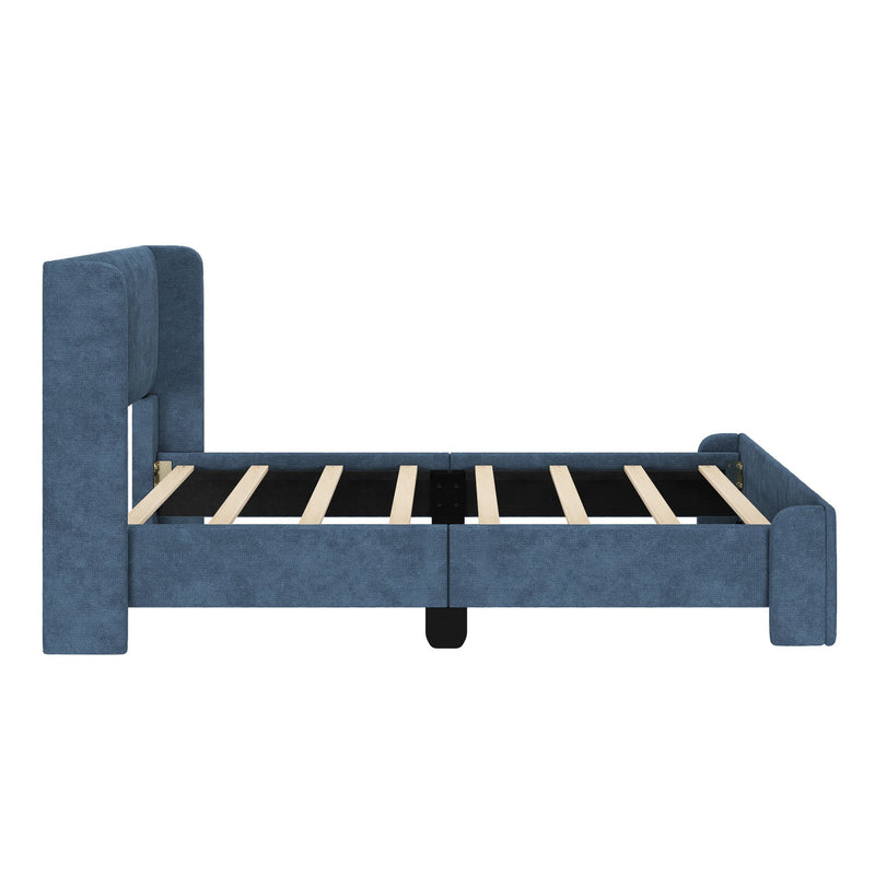 Blue upholstered platform bed frame with tall padded headboard and wooden slats, modern fabric bed frame side view