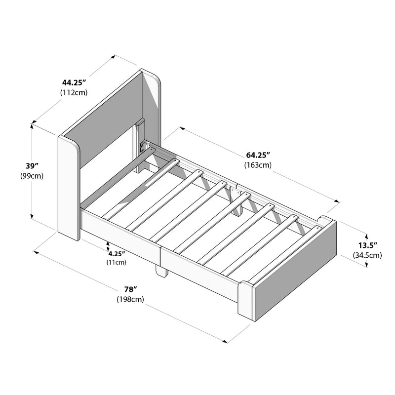 Platform bed frame dimensions diagram: line drawing of wooden bed with headboard, footboard, side rails and slats, labeled measurements in inches and centimeters (78" / 198cm length, 44.25" / 112cm headboard width, 64.25" / 163cm inner width, 39" / 99cm headboard height).