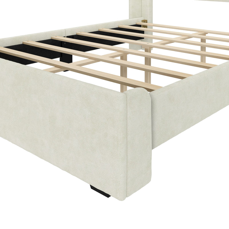Cream upholstered platform bed frame with exposed wooden slats and central support legs for mattress