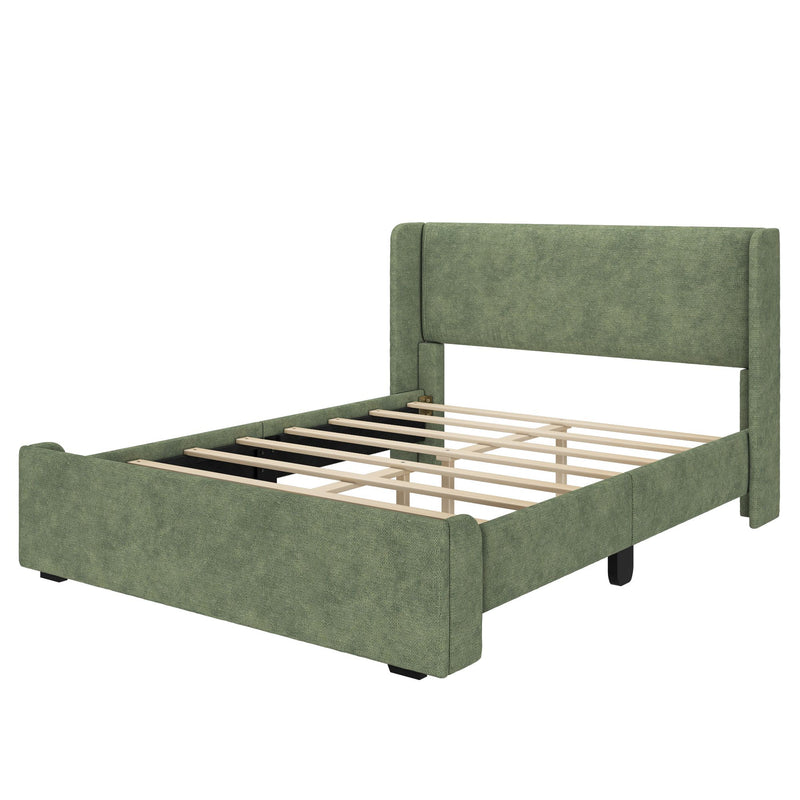 Green upholstered bed frame with tall padded headboard and wooden slatted support, modern textured fabric platform bed for bedroom