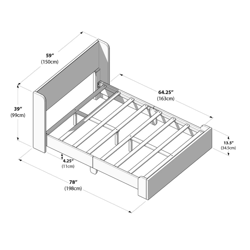 Platform bed frame assembly diagram with wooden slats and headboard, technical line drawing with dimensions labeled in inches and centimeters including 78 in (198 cm) length, 59 in (150 cm) width, and 39 in (99 cm) headboard height
