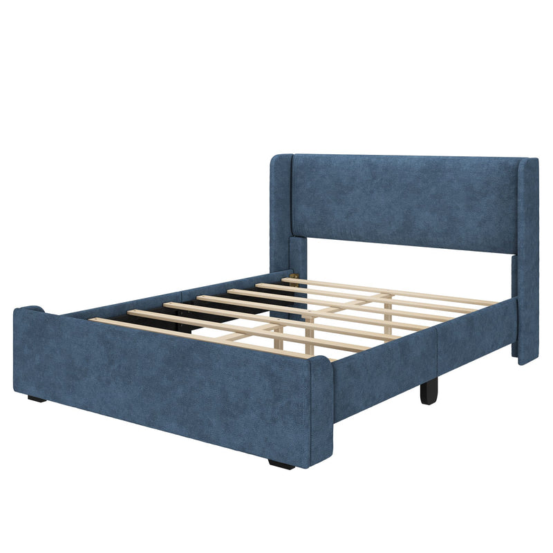 Blue upholstered fabric platform bed frame with tall padded headboard, side rails and wooden slat support