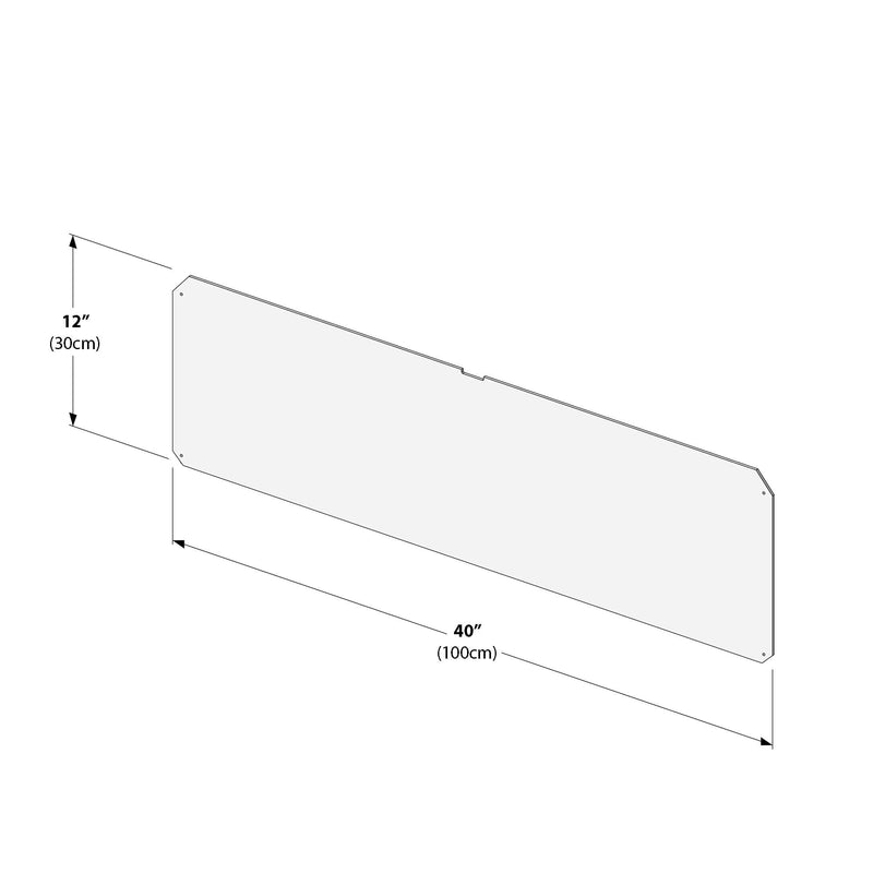 Illustration of a 40-inch by 12-inch glass sneeze guard with precise dimensions for restaurant counter protection.