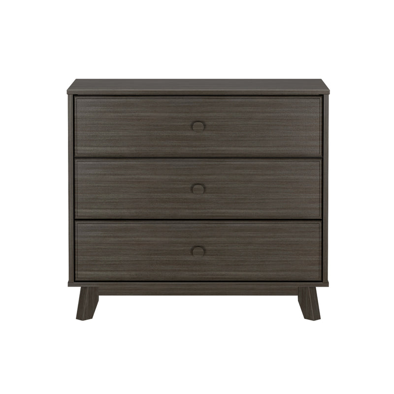 Dark gray wood mid-century modern three-drawer dresser with round knobs and tapered legs