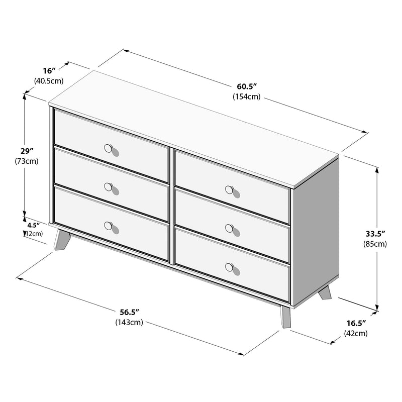 Six-drawer mid-century modern dresser assembly diagram with dimensions 60.5″ W × 33.5″ H × 16.5″ D (154 × 85 × 42 cm), line drawing showing drawer fronts, knobs and angled legs