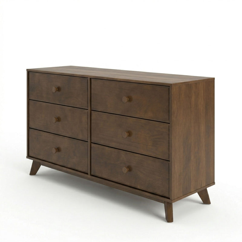 Mid-century modern walnut 6-drawer wooden dresser with round knobs and tapered legs, bedroom storage chest