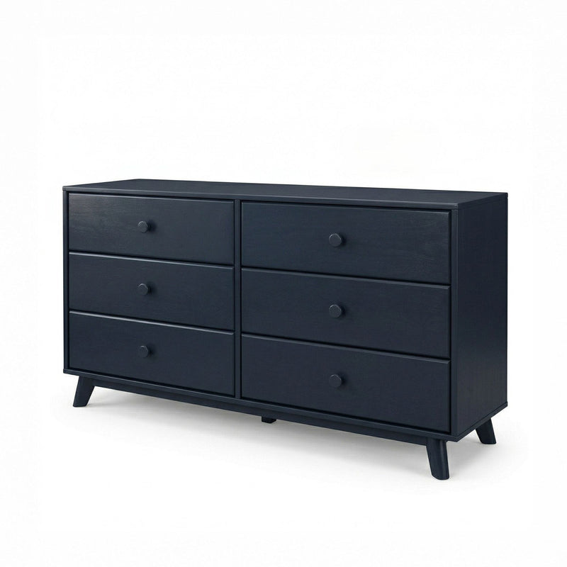 Mid-century modern navy blue wooden 6-drawer dresser with round knobs and tapered legs, bedroom storage chest