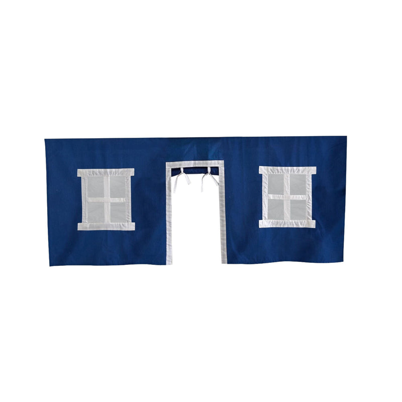 Blue fabric house facade with white window and door trim.