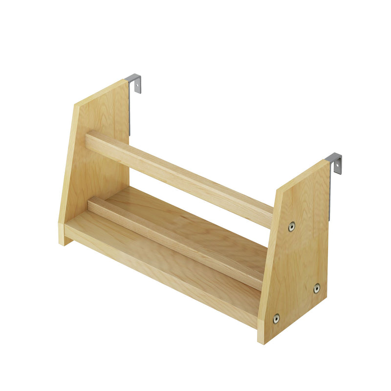 Natural pine bed frame side with horizontal slats and L-shaped metal mounting brackets for assembly