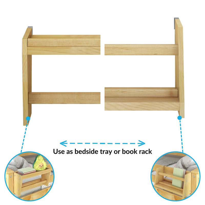 Pine wooden bunk bed frame showing removable bedside tray converted into a book rack — space-saving bedside organizer and storage shelf for kids' rooms