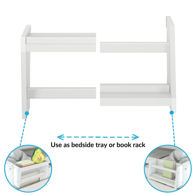 Attachable white wooden bedside organizer with shelves and tray, convertible bedside tray and book rack for bedroom storage and small items