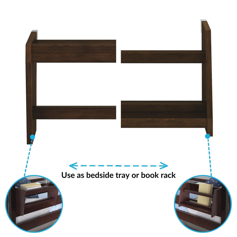 Dark espresso wooden headboard with detachable bedside tray and built-in book rack — modern space-saving bedroom storage solution
