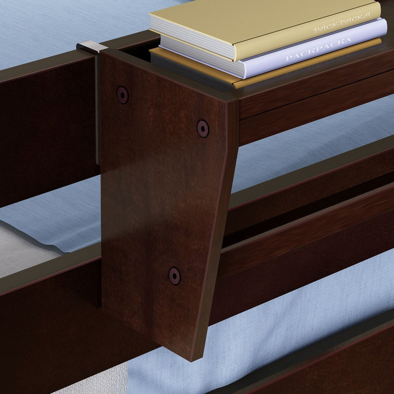 Stacked hardcover books on a dark wooden bedside drawer with blue fabric lining, close-up of bedroom storage and shelving