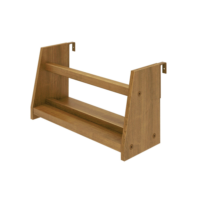 Wall-mounted two-tier wooden shelf with front rod and metal hanging brackets in natural oak finish, ideal for bathroom towels, kitchen spices, or entryway storage