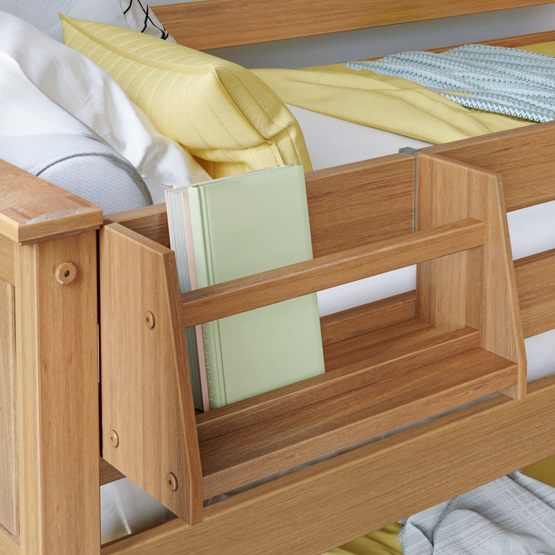 Oak wooden bunk bed with built-in bookshelf holding pastel books, yellow pillow and white bedding in a modern kids' bedroom
