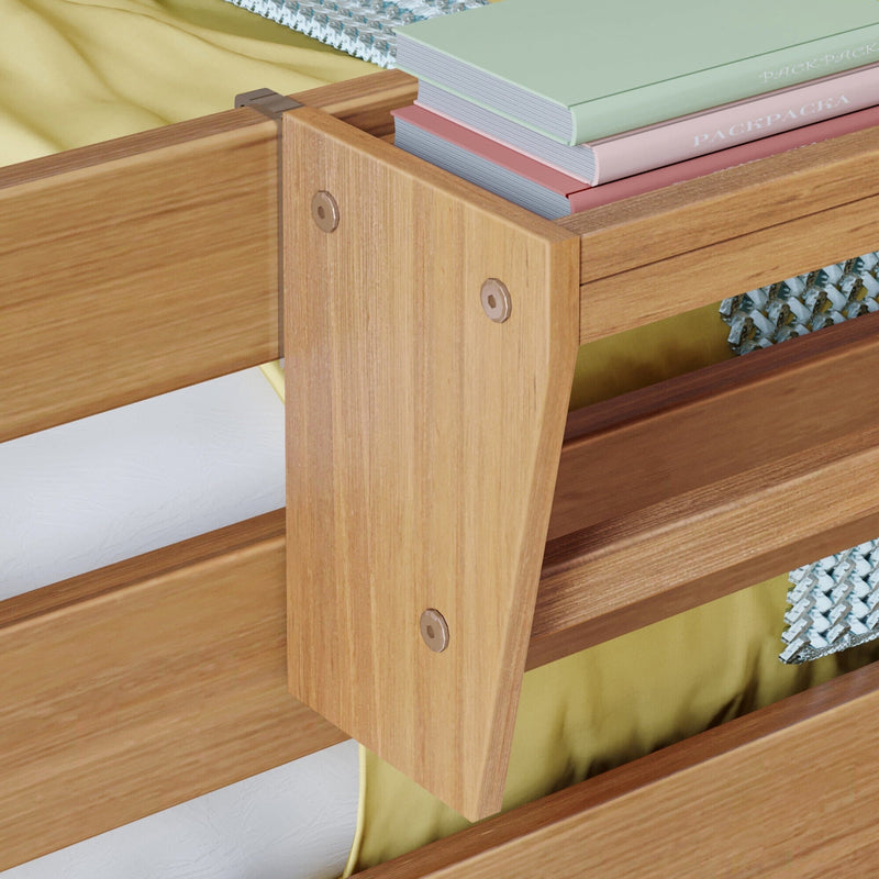 Close-up of wooden bunk bed frame with slatted mattress support, exposed bolt hardware and natural wood finish.