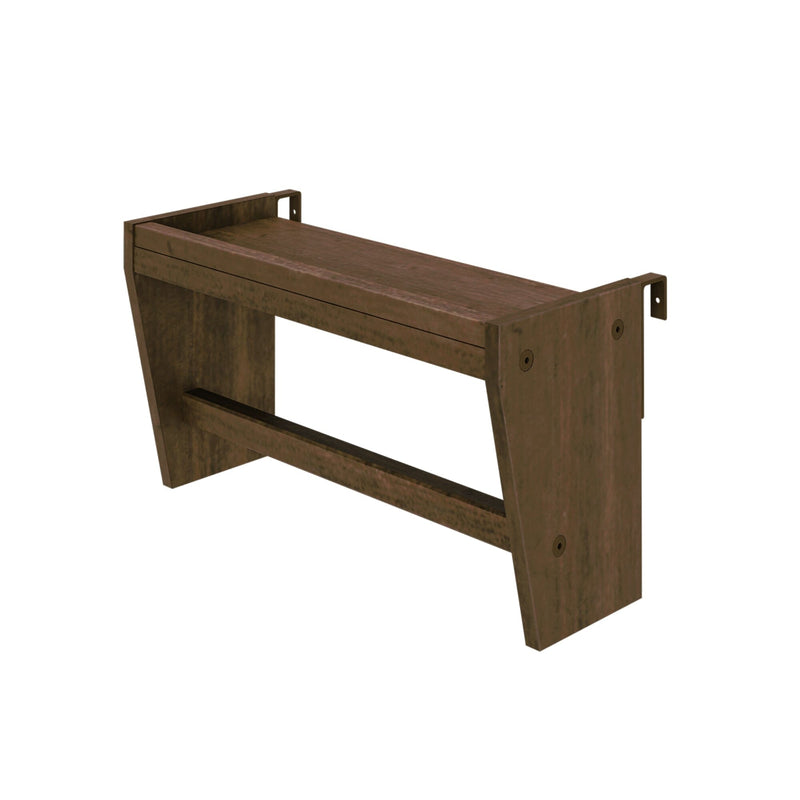 Close-up of rustic brown wooden wall-mounted shelf bracket with screw holes and support stretcher, industrial floating shelf support