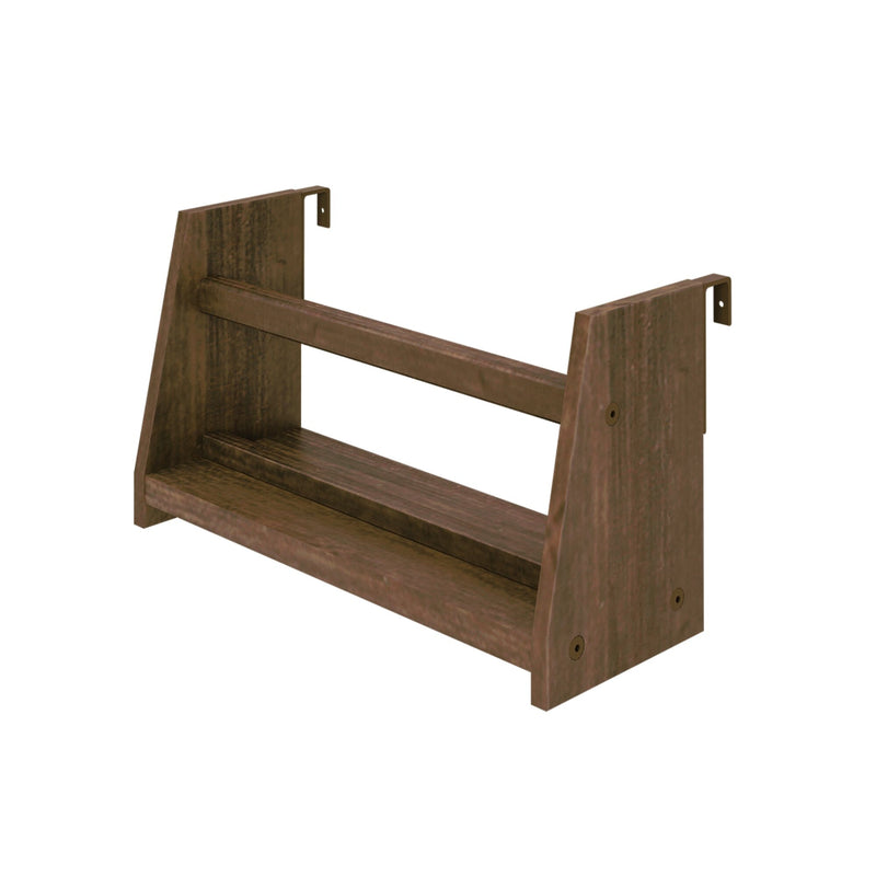 Rustic brown two-tier wooden wall shelf with metal mounting brackets — wall-mounted kitchen spice rack organizer