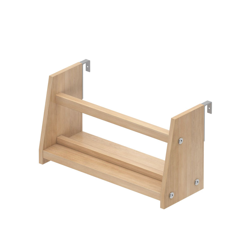 Natural oak wall-mounted slatted shoe rack with two shelves and metal L‑brackets for entryway storage