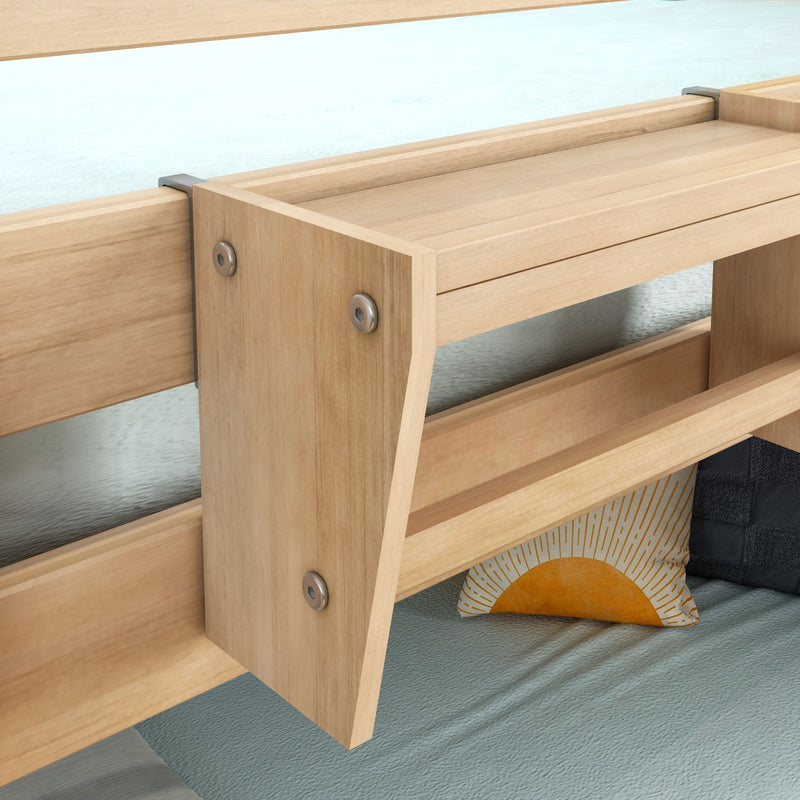 Close-up of natural wood bunk bed ladder and guardrail with visible metal fasteners, mattress and sun-print decorative pillow in a cozy children's bedroom