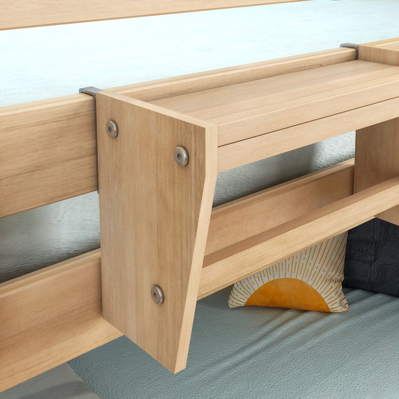 Close-up of light wood bunk bed ladder and guardrail showing metal fasteners, mattress and decorative sun-pattern pillow on the lower bed.