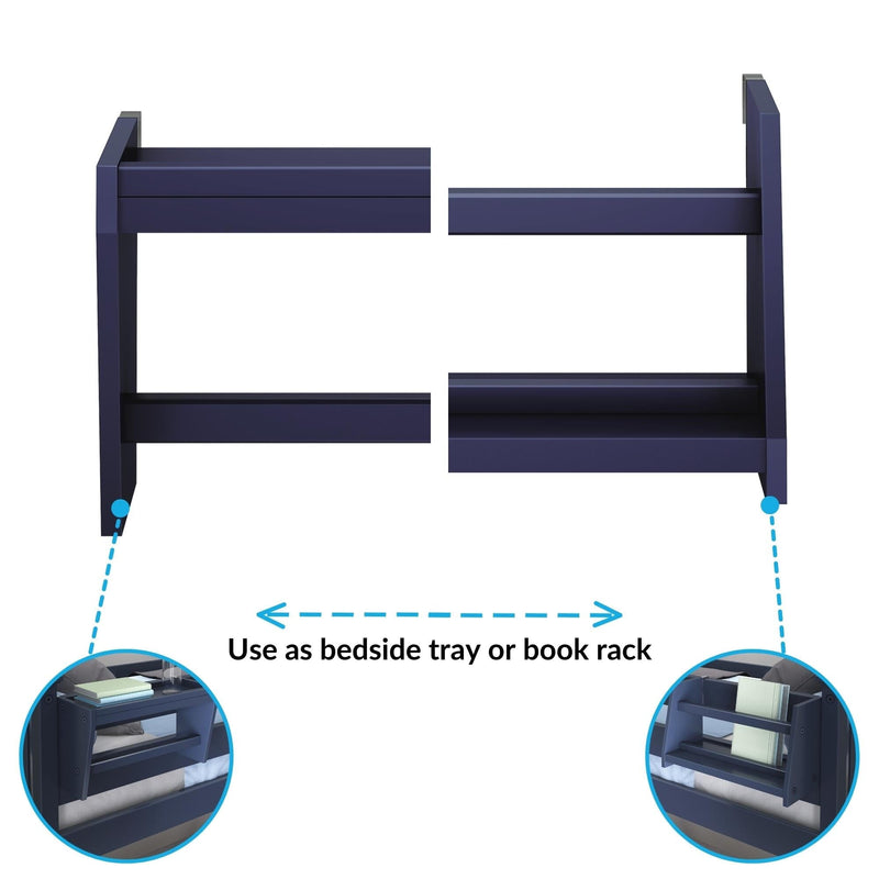Navy blue bed headboard with detachable bedside tray and built-in book rack storage shelves