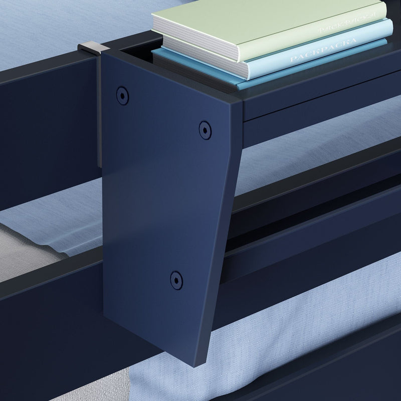 Stacked pastel hardcover books on navy-blue industrial shelving above a fabric conveyor belt