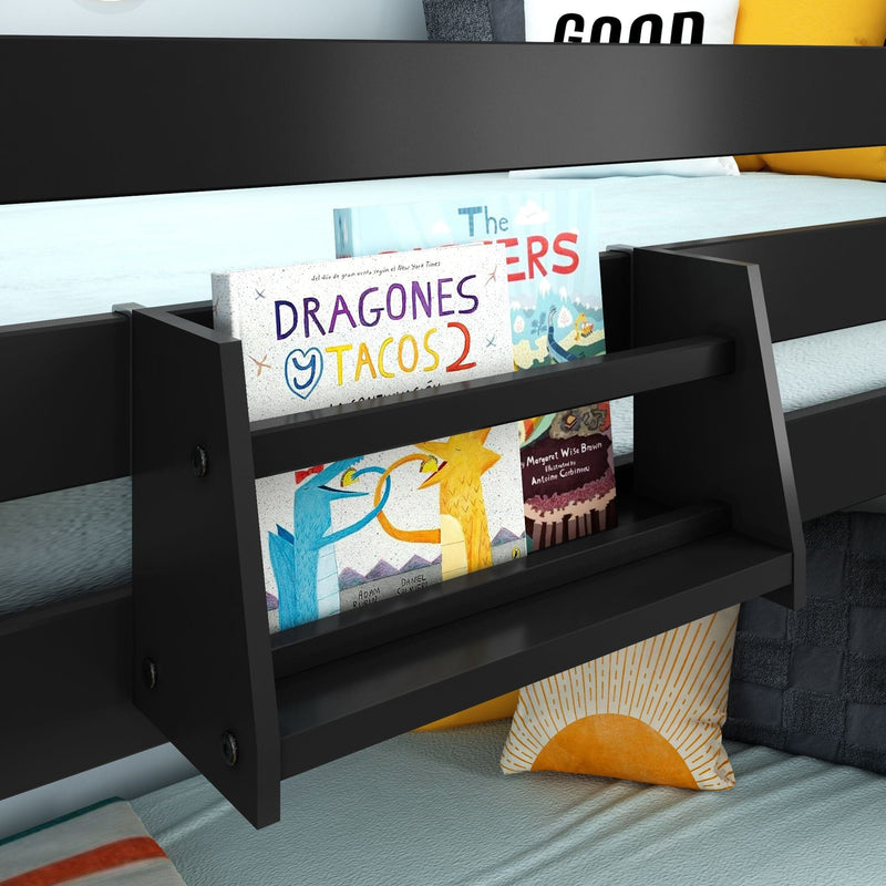 Black wall-mounted bunk bed bookshelf holding children's picture books and decorative pillows, modern kids' book storage organizer for small bedrooms