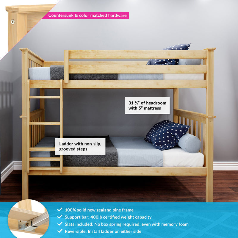 Solid New Zealand pine twin-over-twin bunk bed with ladder, safety guardrails, non-slip grooved steps and natural wood finish