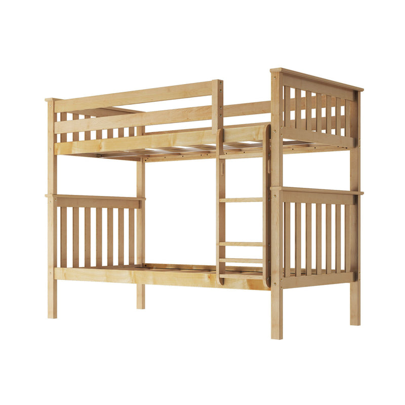 Natural light-wood twin loft bed frame with ladder, slatted guardrails and elevated under-bed space ideal for kids' bedroom or small-space storage