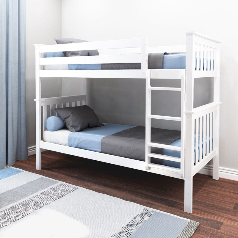 White wooden twin-over-twin bunk bed in modern kids bedroom with blue and gray bedding, ladder, hardwood floor and area rug