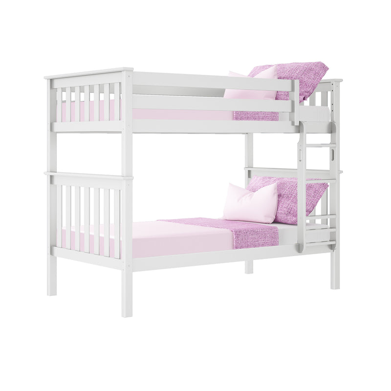 White wooden twin-over-twin bunk bed with ladder and guard rails, pink bedding and pillows, modern kids loft bed for small bedrooms