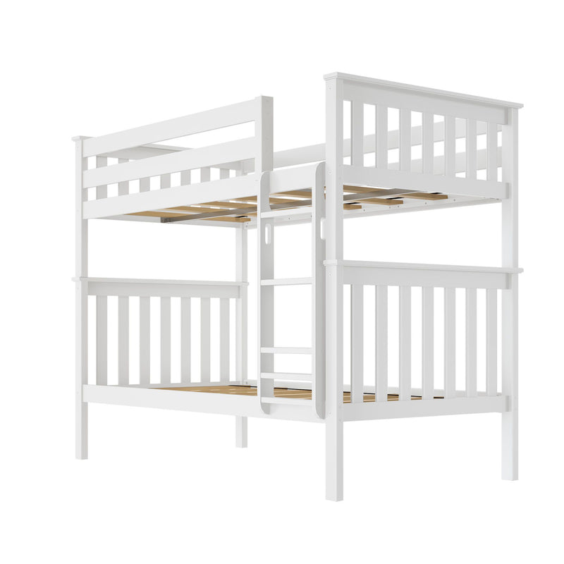 White wooden twin-over-twin bunk bed with safety guardrails, ladder, slatted headboards and visible wooden slats, modern kids loft bed