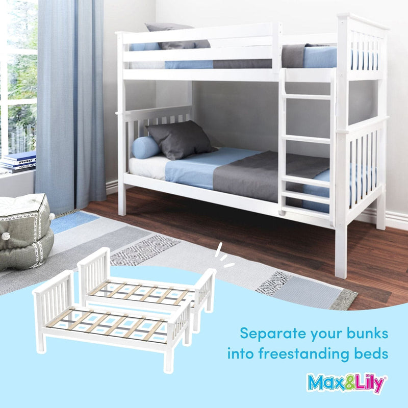 White convertible twin-over-twin wooden bunk bed with ladder and safety guardrails in a modern kids' bedroom with blue-gray bedding and curtains — separates into two freestanding twin beds (Max & Lily)