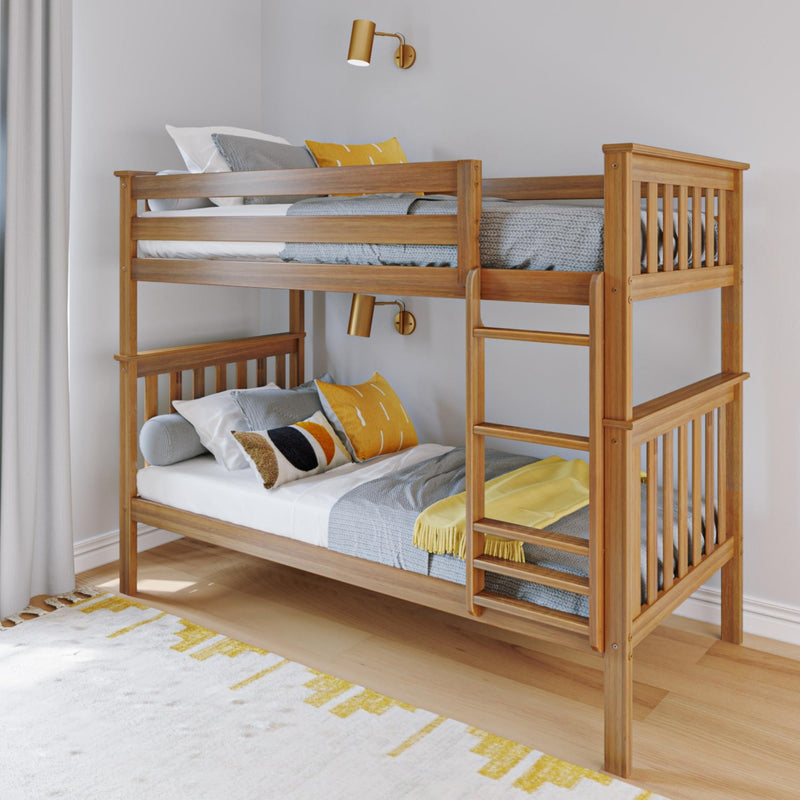 Solid wood bunk bed with natural finish in a modern kids' bedroom, gray knit bedding and yellow accent pillows, built-in ladder and gold wall-mounted reading lamps on hardwood floors — space-saving loft bed design