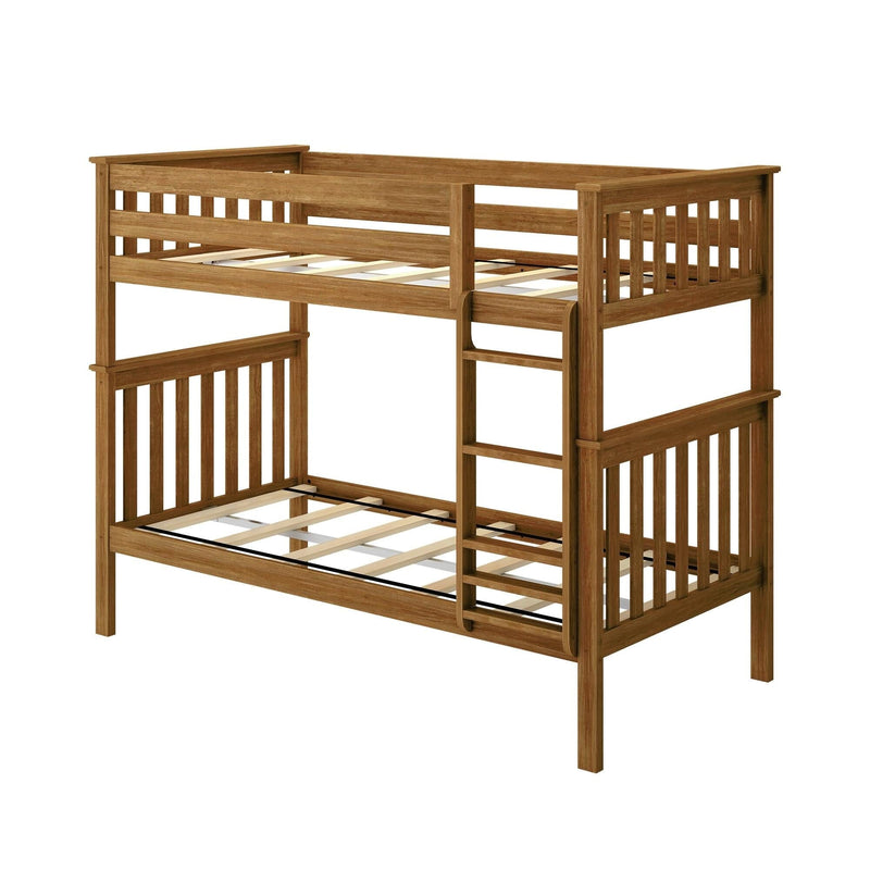 Solid wood twin-over-twin bunk bed in natural oak finish with slatted headboards and built-in ladder