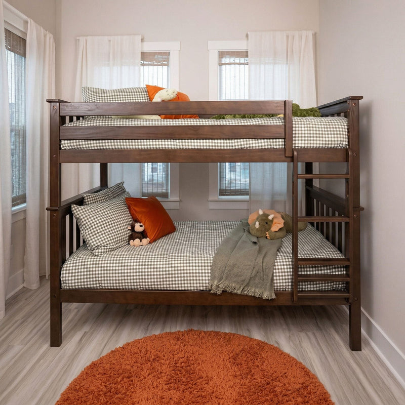 Wooden bunk bed in a kids' bedroom with gray gingham bedding, orange accent pillows and round shag rug, stuffed animals, white curtains and soft natural light