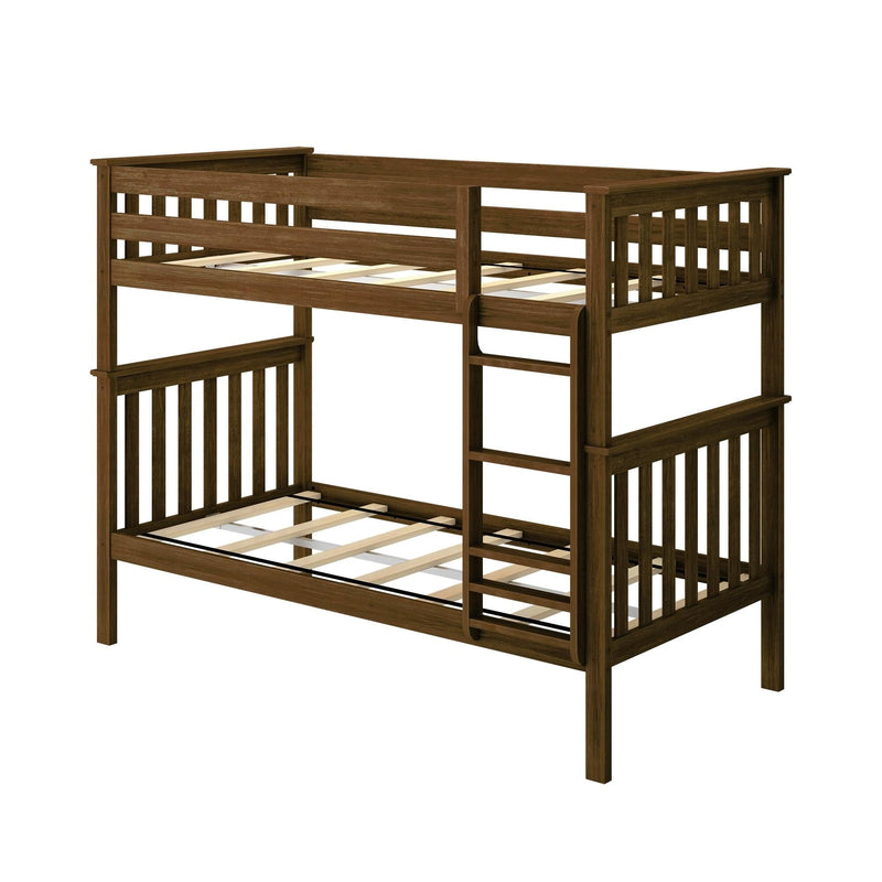 Dark walnut solid wood twin-over-twin bunk bed with slatted guardrails, built-in ladder and slat mattress support — space-saving kids' bedroom furniture