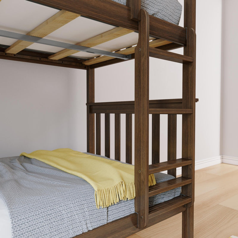Modern dark walnut bunk bed ladder and slatted guardrail with gray knitted bedding and yellow throw on light hardwood floor